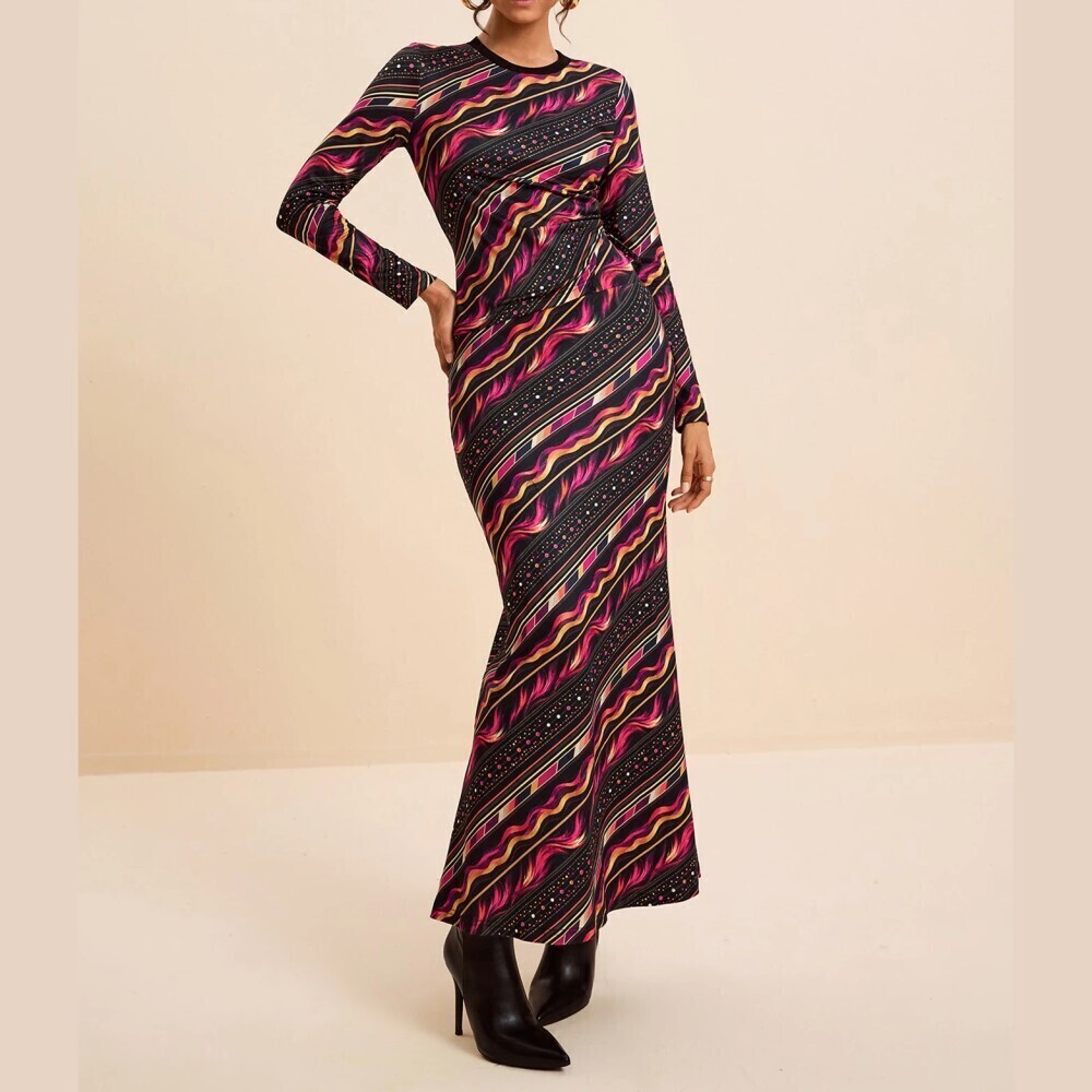 Pink and Black Flame Striped Long Sleeve Top with Slim Maxi Skirt Set